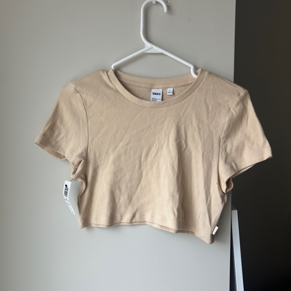 TNA Ribbed Ribcage Cropped Tee in Froth Cream Large